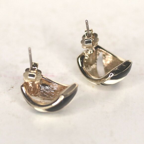 Vintage Enamelled Metal Hugger Earrings Cream Black Gold Rhinestones Gems - Picture 4 of 7